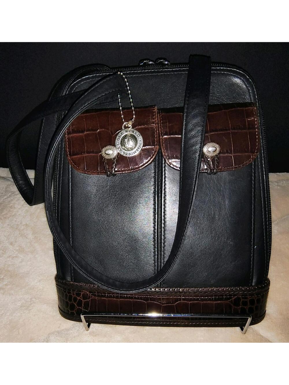 BRIGHTON Leather Backpack Shoulder Bag Black Brown Great Bag Silver Charms - Picture 8 of 8